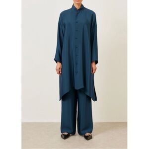 ESKANDAR Long Silk Tunic Shirt Dress in Marine Blue